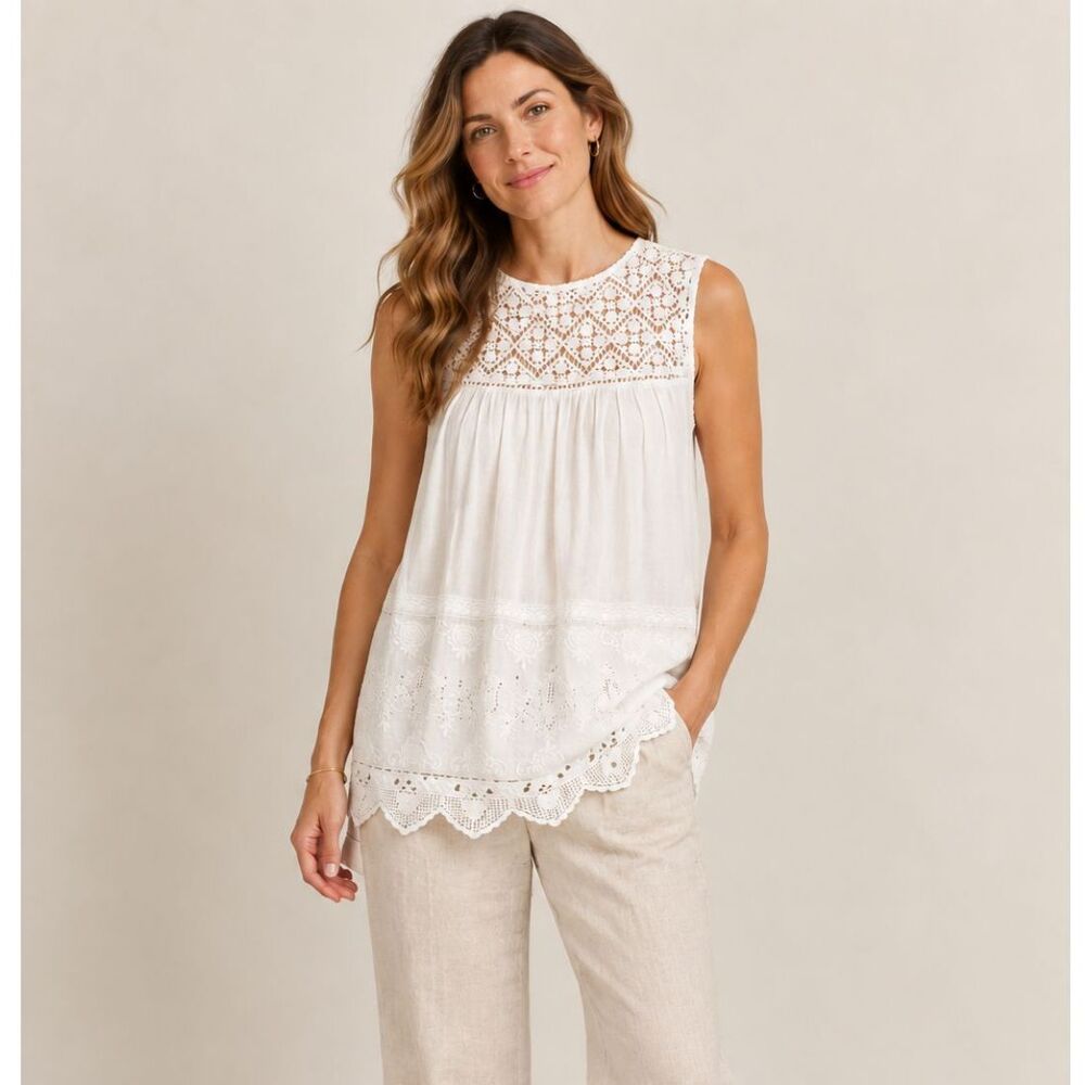 J. McLaughlin Top Cotton Eyelet Lace Embroidered Tunic White Blouse Women Medium